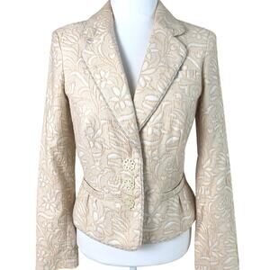 Vintage Cache Size S Women's Cotton Blend Jacquard Blazer Jacket Beige